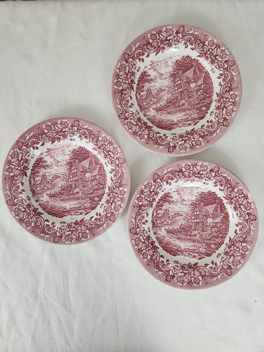 Vintage Staffordshire Engravings "17th Century Red" Transferware Salad Plates